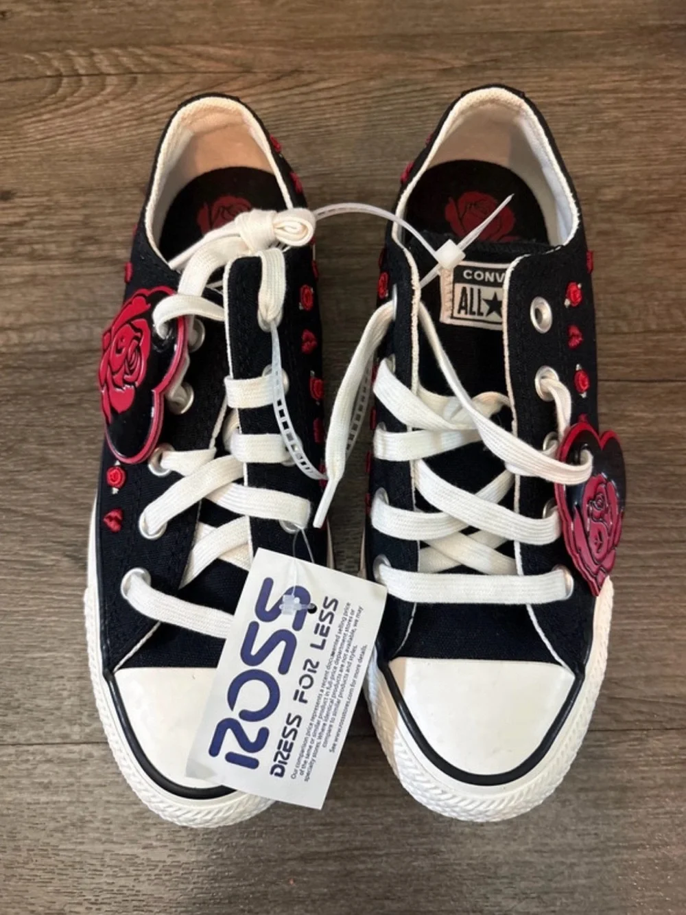 Converse Kids Black Canvas Low Top Sneakers with Red Rose Accents